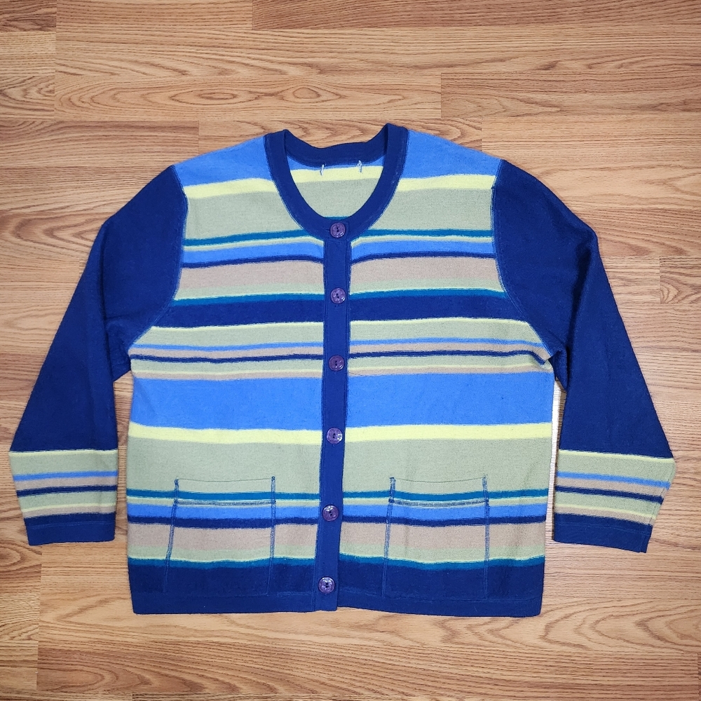 Koret Womens Sweater S/M Blue Cardigan Striped Wool Knit Crewneck Relaxed Y2K